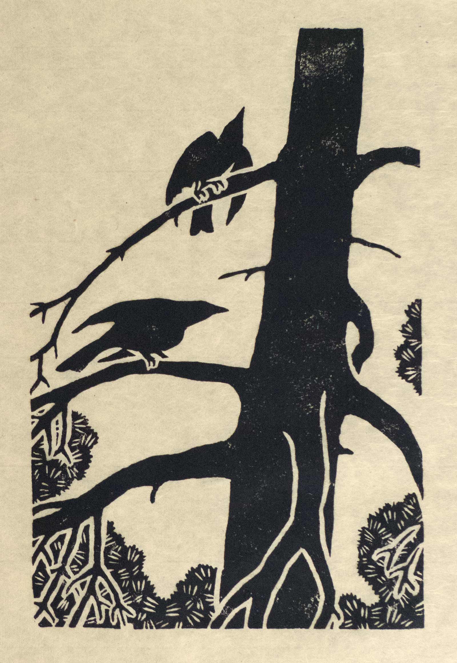 Crows in Pines; 1985; linoleum block print; edition of 20; image size 9” x 6”